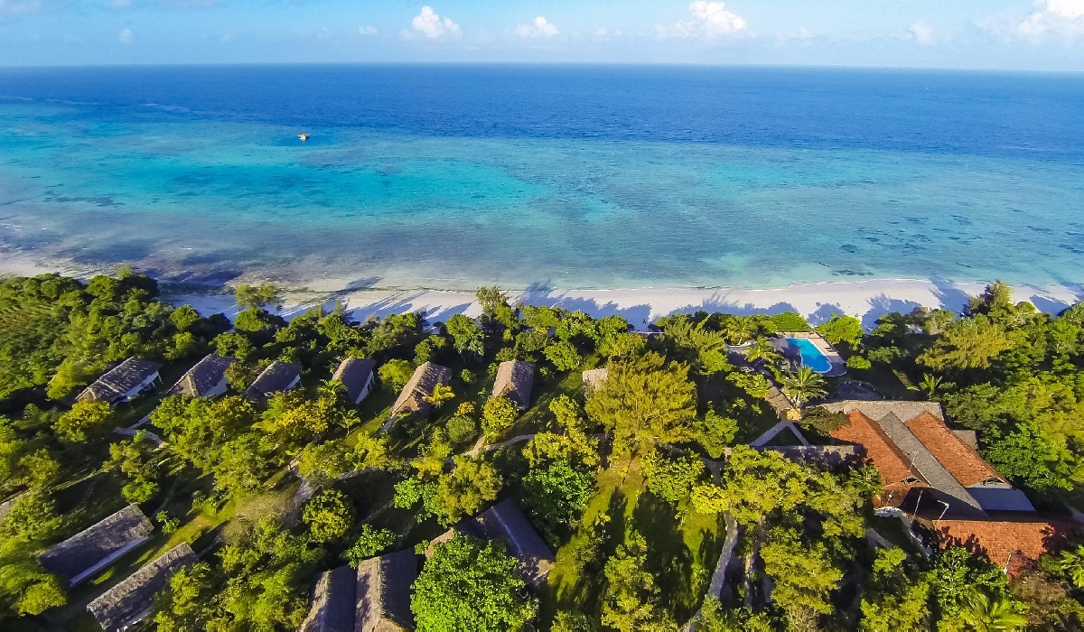 Vue aérienne du Manta Resort, île de Pemba, Zanzibar