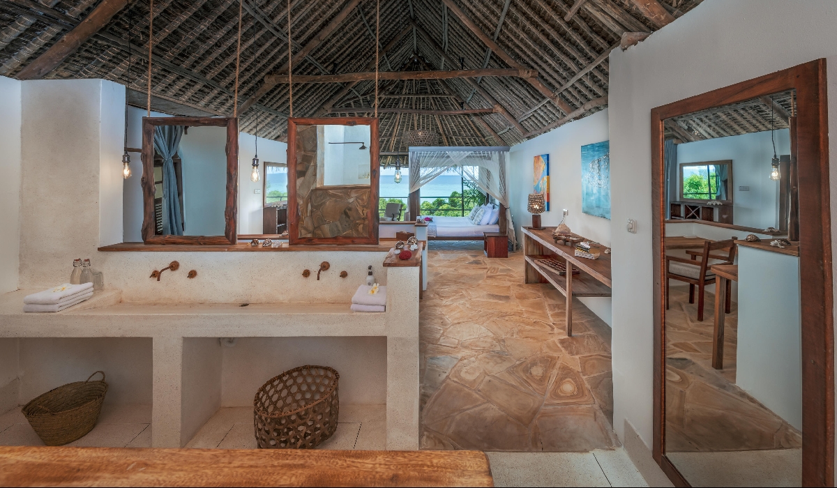 Intérieur d'un bungalow seaview au Manta Resort, Pemba, Zanzibar