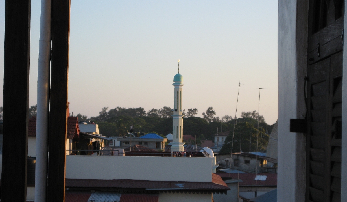 Vue sur un minaret depuis le Coffee House à Stone Town